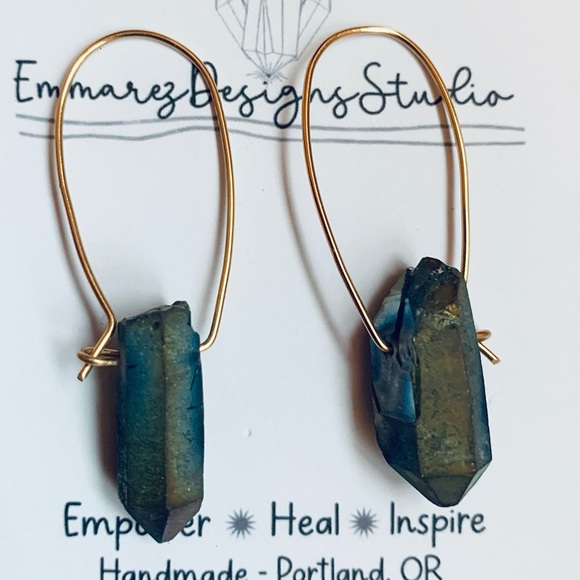 ✨NWT ✨18K Gold & Black Pointed Quartz Geometric Rainbow Hoops, Minimal Earrings - Picture 2 of 6